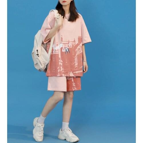 Womens Suits 100% Cotton Casual Sports Suits Plus Size Short Sleeve T Shirt Shorts Fried Street Fashion Two Piece Set Summer New