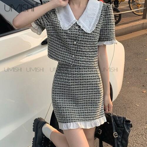 Plaid Button Short Puff Sleeve Suit Jacket Woman 2-Piece Dress Sets Lace Peter Pan Collar Patchwork Mini Skirt Summer Outfit2021