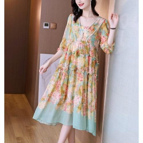 Summer Vintage Chiffon Beach Vacation Sundress 2021 Casual Floral Mulberry Silk Midi Dress Women Elegant Bodycon Party Vestidos