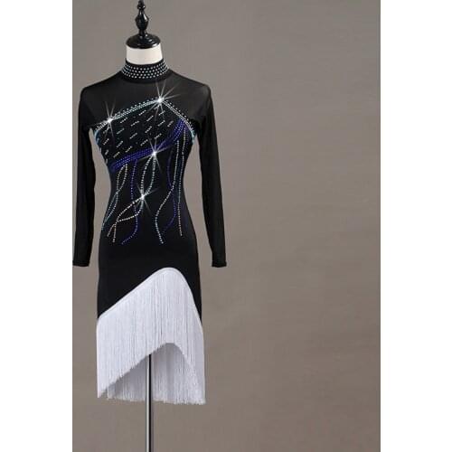 Women New Hollow Back Blue Shiny Rhinestone White Tassel Sexy Black Latin Dance Adult Modern Dance Tango Waltz Dinner Dress