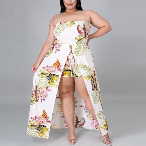 2021 New Dresses for Women Plus Size 4XL 5XL Floral Print Strapless High Waisted High Split Sexy Evening Club Elegant Vestidos
