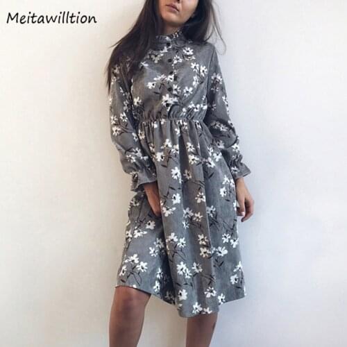 Autumn Winter Women Corduroy Dresses 2020 Vintage Long Sleeve Leopard Printed Party Dress Casaul Floral Printed Dress Vestidos