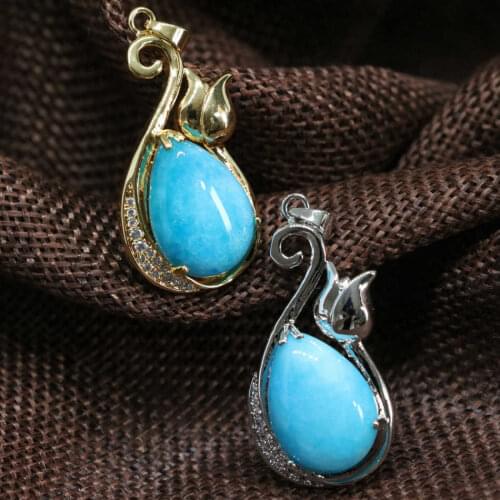 Gold-color silver-color drop flower pendant inlay hollow blue stone jades chalcedony teardrop jewelry 18*32mm B1854