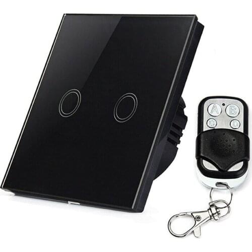 110-240V Luxury Remote Control 2 Gang 1 Way Electrical Light Touch Wall Switch for Home Automation with Crystal Glass Panel