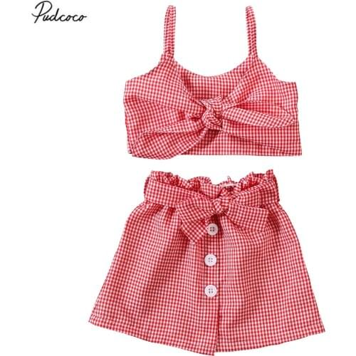 2020 Summer Toddler Kids Baby Girl Clothes Plaid Bow Crop Tops Button Mini Skirt Dress Outfit Clothes Cute Girls 2pcs Set