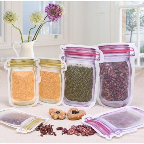 5pcs Clear Mason Jar Shape Reusable Zipper Bag Kitchen Food Nuts Seal Saver Bags Leakproof Snack Storage Bag For Portable Travel