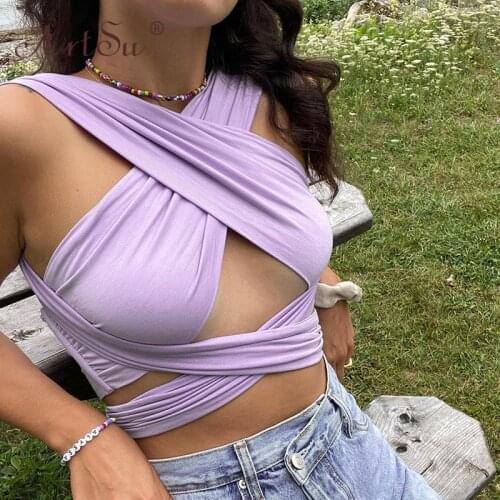 ArtSu Women Sexy Multiway Bandage Wrap Crop Top Club Streetwear 2021 New Female Skinny Summer Tops Casual Tank Top