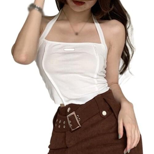 White Korean Version Womens Halter Slim Vest Sexy Exposed Navel Knitted Camisole Tank Tops