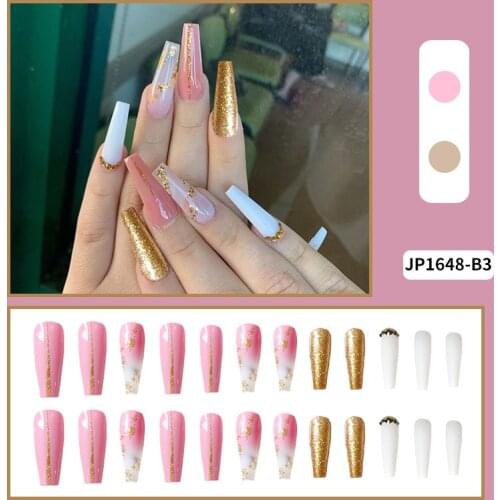 Glitter Gold Foil Pink Ombre Diamond Designed Presson Fakenails Multicolor ExtraLong Coffin Press on Nails JP1648-B3