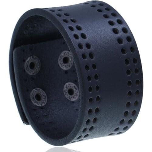 Punk Fashion Men Black Casual Bracelet Cuff Retro Wide Genuine Leather Bangle Wrap Jewelry Women Hollow Charm Vintage Wristbands