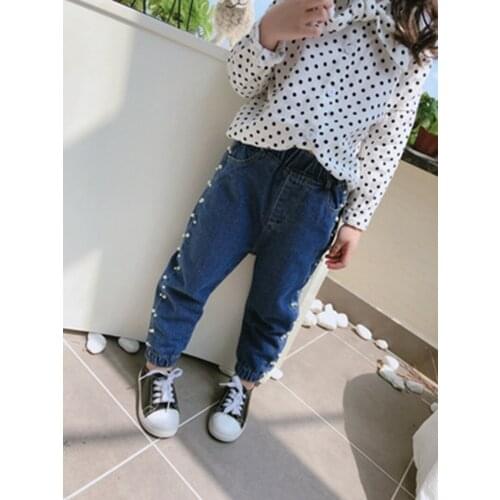 Spring and Autumn Childrens Trousers Clothing 3-7Year Personality Tied Feet Childrens Jeans Girls Beaded Trousers Long Pants
