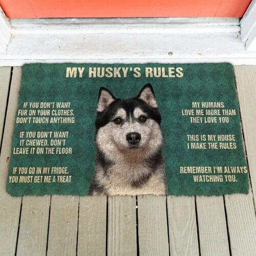 CLOOCL Please Remember Cute Husky Dogs House Rules Doormat Decor Print Carpet Soft Flannel Non-Slip Doormat for Bedroom Porch