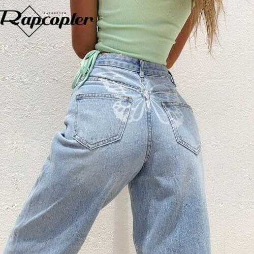 Rapcopter Butterfly Retro Jeans Y2K Cute Denim Pants Straight Baggy Cargo Pants Mom Fashion Streetwear Joggers Women Blue Jeans