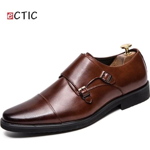 ECTIC Big Size 38~47 Leather Men Formal Shoes Pointed Toe Weddings Monk Strap Dress Business Office Style Gentleman
