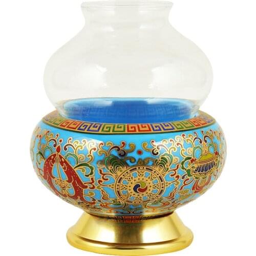 Enamel Porcelain Gourd Oil Lamp Holder Tibet Eight Auspicious Household Indoor Front Windshield for Buddha