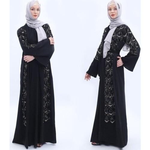 Factory sequined beading tassel cardigan Muslim Robe syari female Dubai full open Muslim abaya Arab Worship Service abaya wq2072