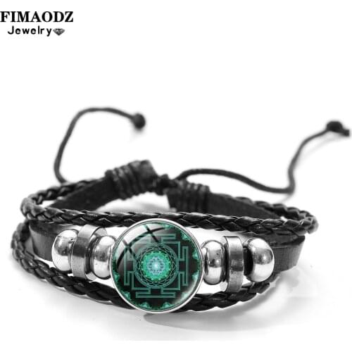 FIMAODZ Vintage Sri Yantra Bracelet Men Women Sacred Geometry Art Photo Glass Gem Handmade Leather Bracelets Bangles