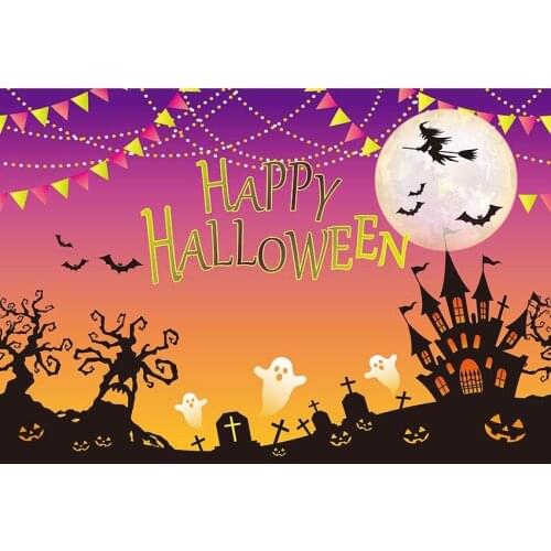 Graveyard Photography Background Magic Castle With Ghost Witch Flying With Bat On The Night Backdrop For Halloween Party Decor