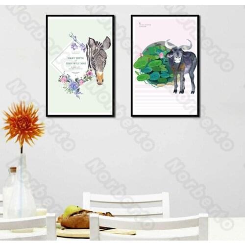 Nordic Style Canvas Painting and Posters Wall Animals and Plants Zebra and Rhinoceros Lotus In a Pool for Home Rooms Decoration