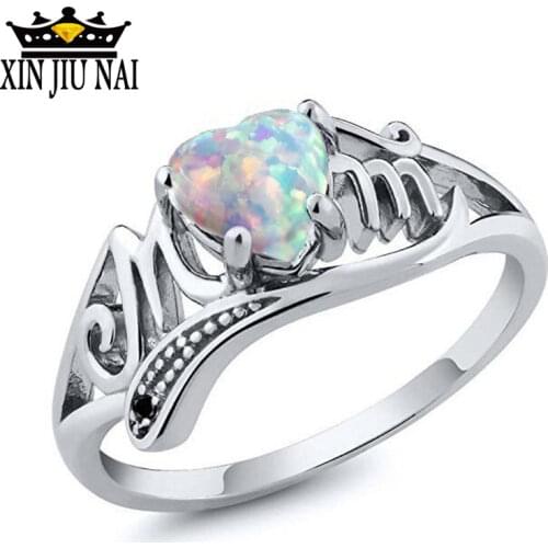 Opal CC Heart Rings For Women Vintage Letter "Mom" Ring Colorful Stone Mothers Day Birthday Present Party Gift Accessories 6-10