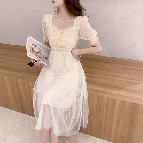 Women Dresses Summer 2021 Vintage Solid Mesh Short Sleeve Dress Casual Square Collar Chiffon A Line Women Party Sundress