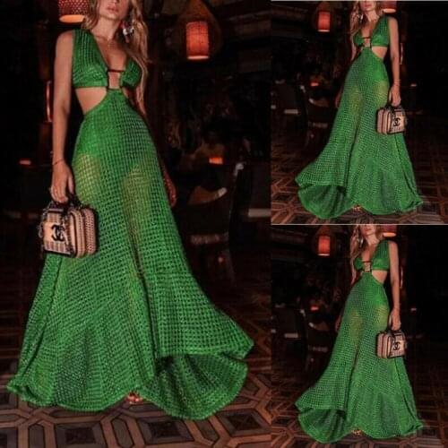 Fashion Womens Beach Bohemian Style Green Solid Sleeveless Halter Sexy See-through Maxi Sundress High Street Clubwear