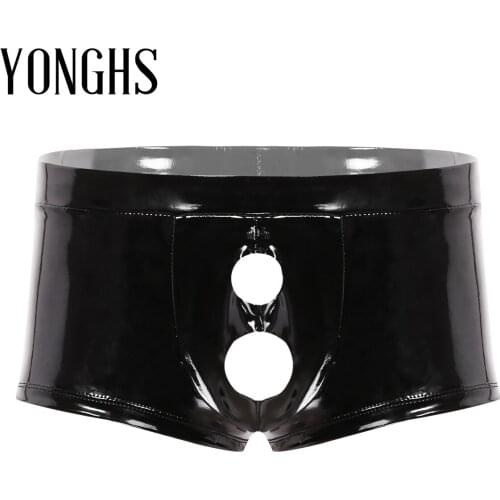 Mens Erotic Lingerie Underwear Wet Look Patent Leather Low Rise Bulge Pouch with Holes Boxer Briefs Shorts Sexy Gay Underwear