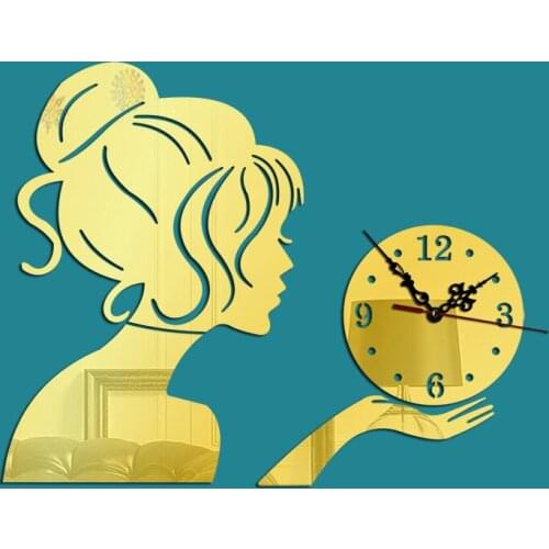 Free Shipping Beauty Profile Wall Sticker Clock Girl Silhouette DIY Clocks Mirror Surface Home Decor Feminity Quartz Mute 13