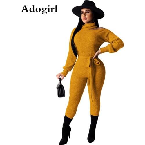 Solid Knited Turtleneck Jumpsuit Long Sleeve Bodycon Cut-Out Shoulder Bodycon Jumpsuits One Piece Rompers Casual Lace Up Outfits
