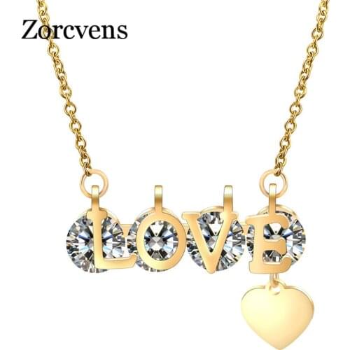 ZORCVENS Valentine Day Gift Titanium Steel Love Heart Pendant Necklace Jewelry CZ Stone Crystal Necklaces For Woman
