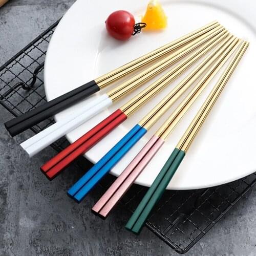 1 Pair Gold Paint Chopsticks Long Handle Anti-Slip Round Head Food Sticks Home Dinnerware Stainless Steel Kitchen Tableware