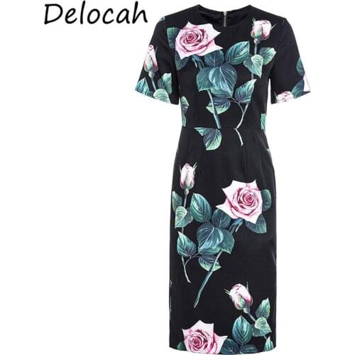 Delocah Women Summer Fashion Designer Party Midi Dress Short Sleeve Rose Floral Print Elegant Bodycon Ladies Pencil Dresses 2021