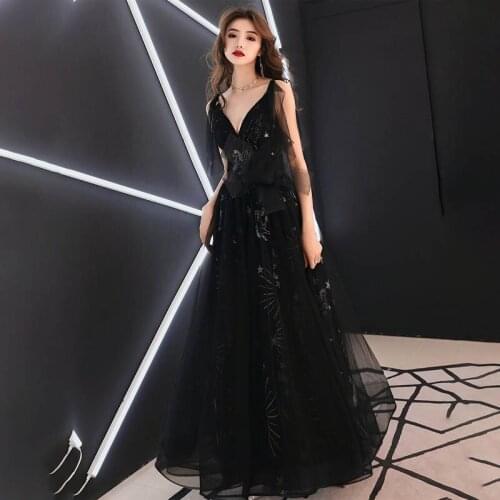 Special Occasion Dresses Deep V-Neck Sleeveless Appliques A-Line Backless Pleat Floor-Length Black Lady Formal Party Gown E1063