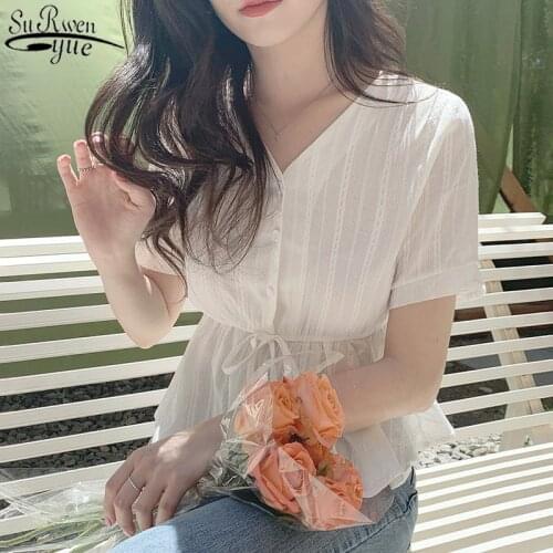 Embroidery Shirt Summer White Blouses Casual Short Sleeve Girls Blouse Linen Cotton Lace Up Plus Size Women Tops Femme 10108
