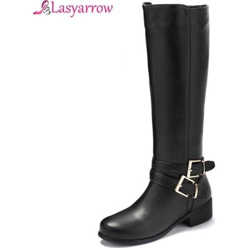 Lasyarrow Plus size 34-46 women snow boots buckle with zip Retro womens knee high boots thick fur warm winter boots drop ship