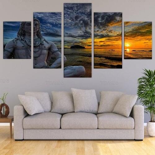 Shiva God Statue in Rishikesh Sunset Pictures for Living Room Home Decor Canvas Prints Wall Art Posters 5 Piece Painting Frame