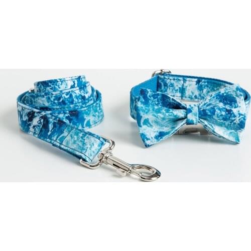 Personalized Blue Sea Wave Dog Collar Leash With Bow Tie Set Free Engraved Nameplate For Small Medium Large Dog