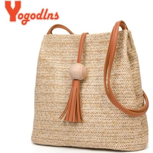 Yogodlns Women Straw Bag Bohemian Rattan Beach Handbag Handmade Kintted Crossbody Bucket Bags Summer Tassel Beach Bag