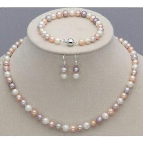 New 7-8mm White Pink Purple Freshwater Pearl Necklace Bracelet Earrings Set natural Luxury Ms. girl Wedding Jewelry