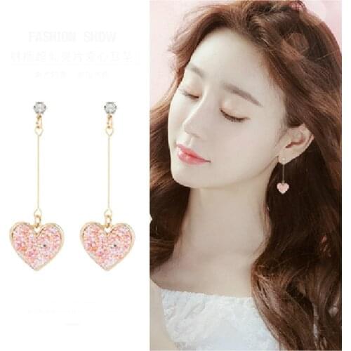 Korean Fashion Sweet Sequins Love Temperament Net Red Long Earrings Simple Exquisite Heart-shaped Ladies Earrings Jewelry
