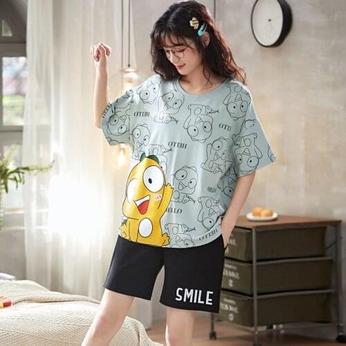 BZEL Cute Dinosaur Pattern Womens Pajamas Set Cotton Sleepwear Summer Pijamas Mujer Casual Home Suit M-3XL Pyjamas Loose Nighty