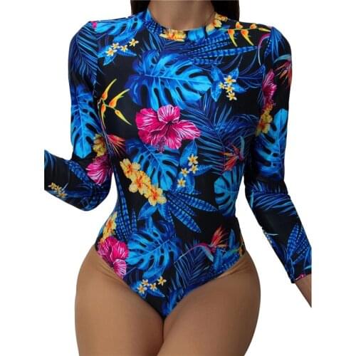 Xingqing Women Floral One-piece Swimsuit Adults Padded Wire-Free Flower Print Long Sleeve Round Neck Swimwear Bikini Biquini