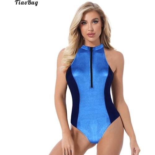 Women Patent Leather Patchwork Bodysuit Halter Sleeveless Front Zip-Up Hollow Out Leotard Jumpsuit For Dance Yoga Swimming