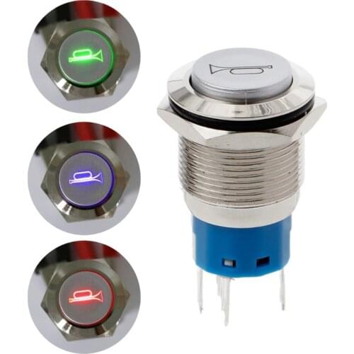 19mm Blue/Red/Green LED Momentary Horn Button Metal Push Button Lighted Switch 12V