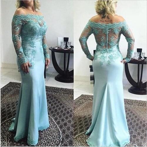 2019 Plus Size Blue Lace Mother Of The Bride Dresses Long Sleeve Wedding Groom Suits Chiffon Off Shoulder Formal Wear Evening Pa