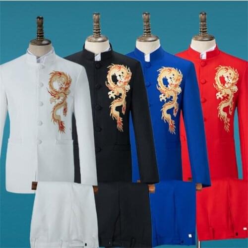 Blazer men Chinese tunic suit set with pants mens wedding suits costume singer black red white blue stage clothing formal dress