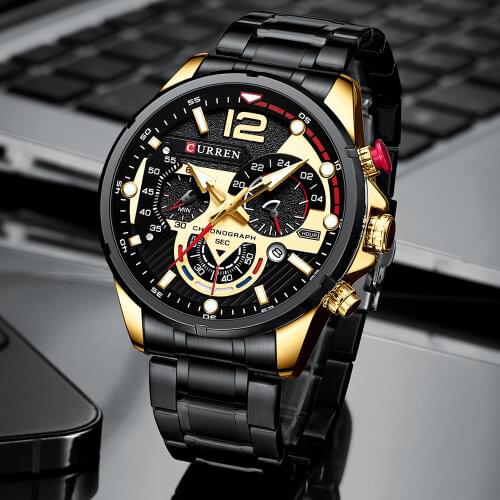 CURREN Fashion Casual Quartz Watches Man Sport Branded Wristwatches with Chronograph Stainless Steel Band black Male Clock