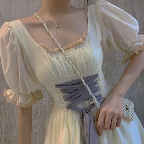 Elegant Sweet Short Sleeve Princess Dress Summer Women Chic Square Collar Lace-Up Evening Party Dress Female Ruffles Vestidos