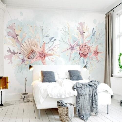 Fresh Starfish Coral Seashells Hand-painted Watercolor Mediterranean TV Wall Specializing in the production of wallpaper Mural C