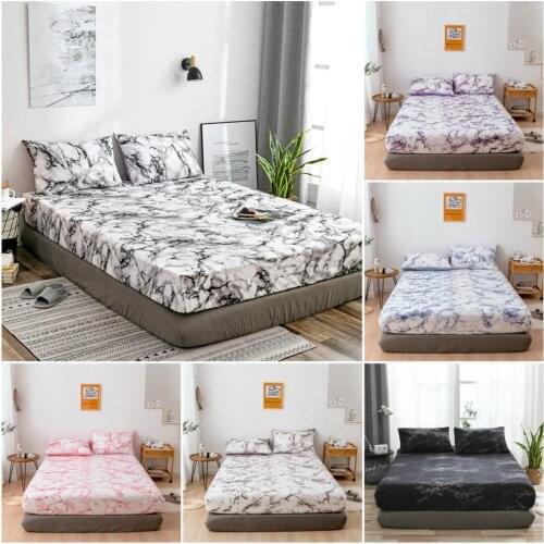 Summer Fitted Sheet Mattress Protector Cover Marble Printed Women Girls Boys Bedspread Soft Comfortable King Queen with Elastic